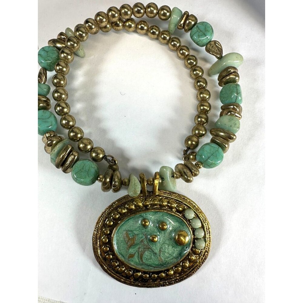 Vintage Necklace Choker Oxidized Green Bead Enamel 90s Southwest Brass